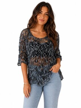 Lisa International Black Blue-Gray Crochet Open-Knit Top L/ XL Boho shirt